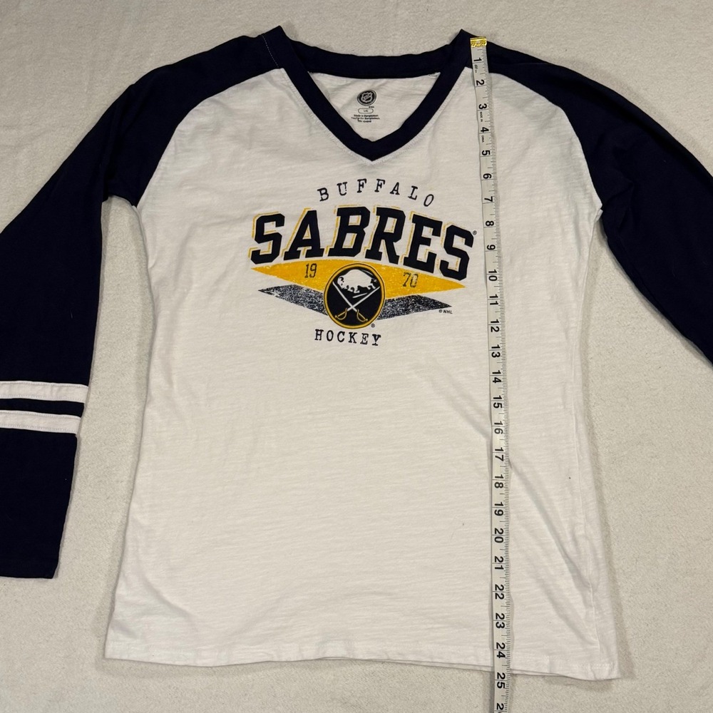 Buffalo Sabres Womens L Long Sleeve V Neck Raglan Tee NHL Navy White - Picture 7 of 8